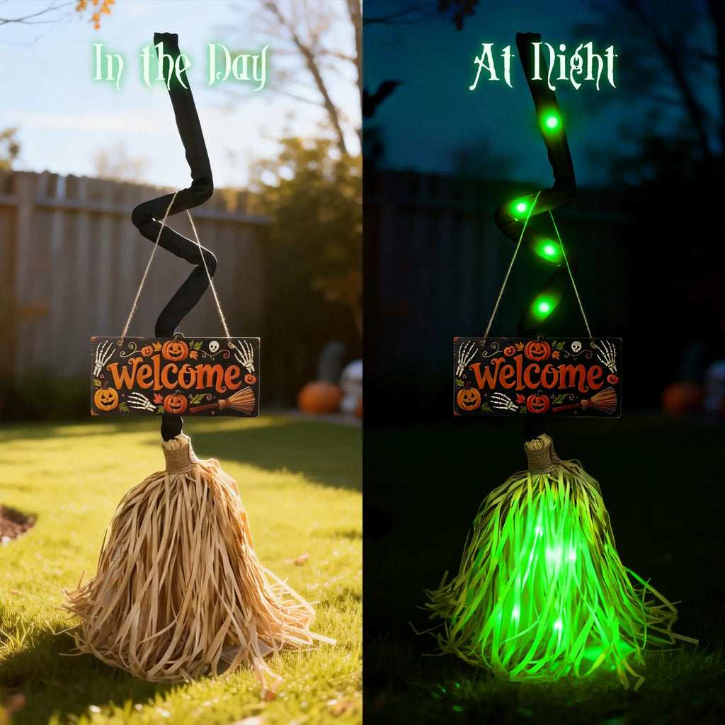 HYPEBAR Animated Floating Witch Broom Halloween Decor with Welcome Sign, Glowing Lights & Spooky Sounds, Touch & Sound Activated, Auto Obstacle Avoidance, Bendable Foldable, Stable Base Easy Setup for Front Door Indoor Holiday Displays, Halloween Aesthet