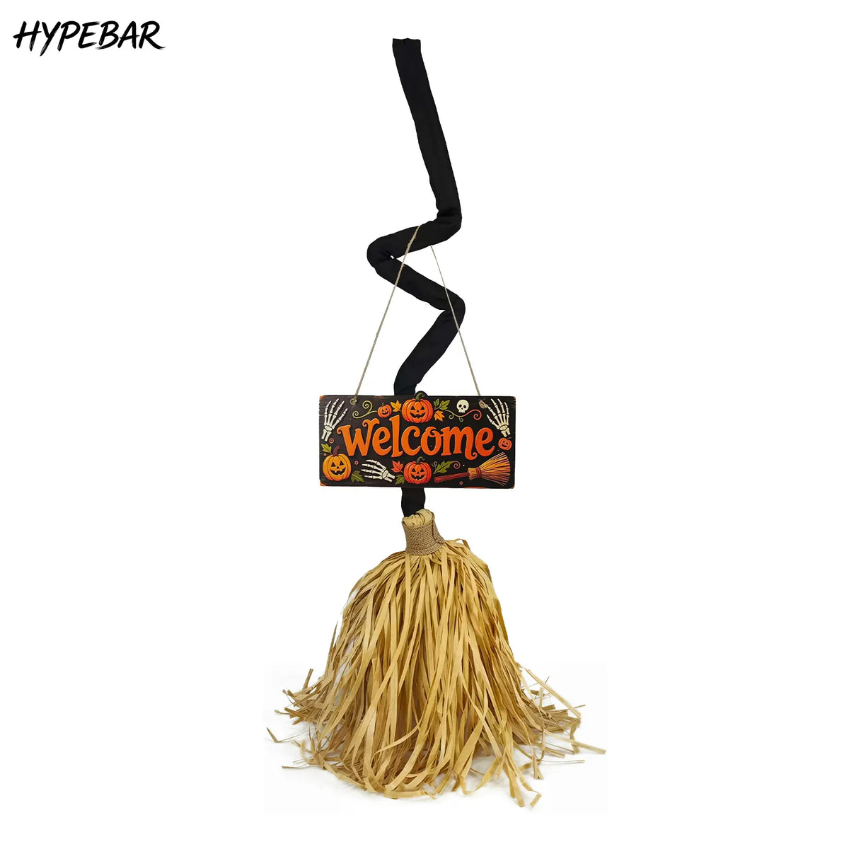 HYPEBAR Animated Floating Witch Broom Halloween Decor with Welcome Sign, Glowing Lights & Spooky Sounds, Touch & Sound Activated, Auto Obstacle Avoidance, Bendable Foldable, Stable Base Easy Setup for Front Door Indoor Holiday Displays, Halloween Aesthet