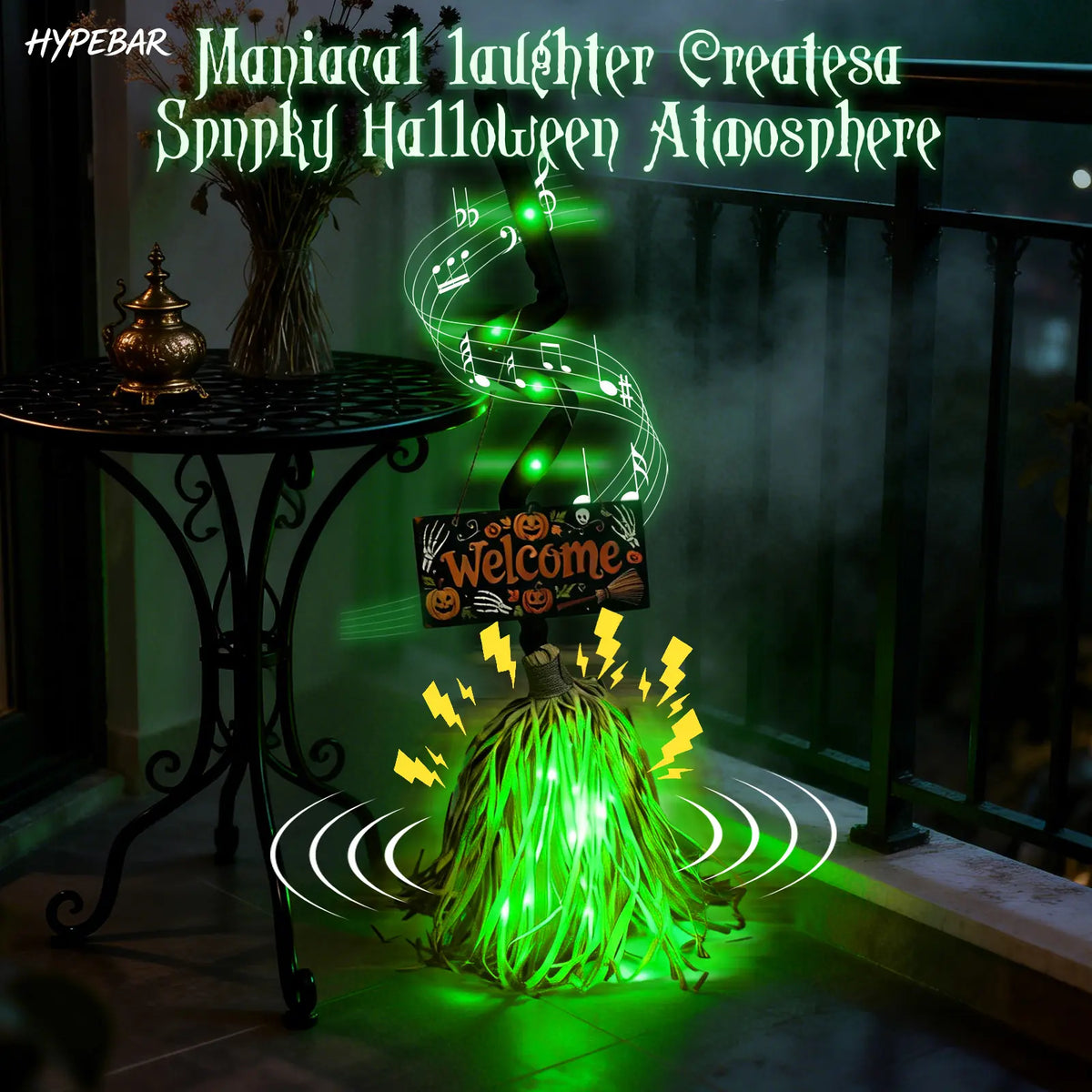 HYPEBAR Animated Floating Witch Broom Halloween Decor with Welcome Sign, Glowing Lights & Spooky Sounds, Touch & Sound Activated, Auto Obstacle Avoidance, Bendable Foldable, Stable Base Easy Setup for Front Door Indoor Holiday Displays, Halloween Aesthet