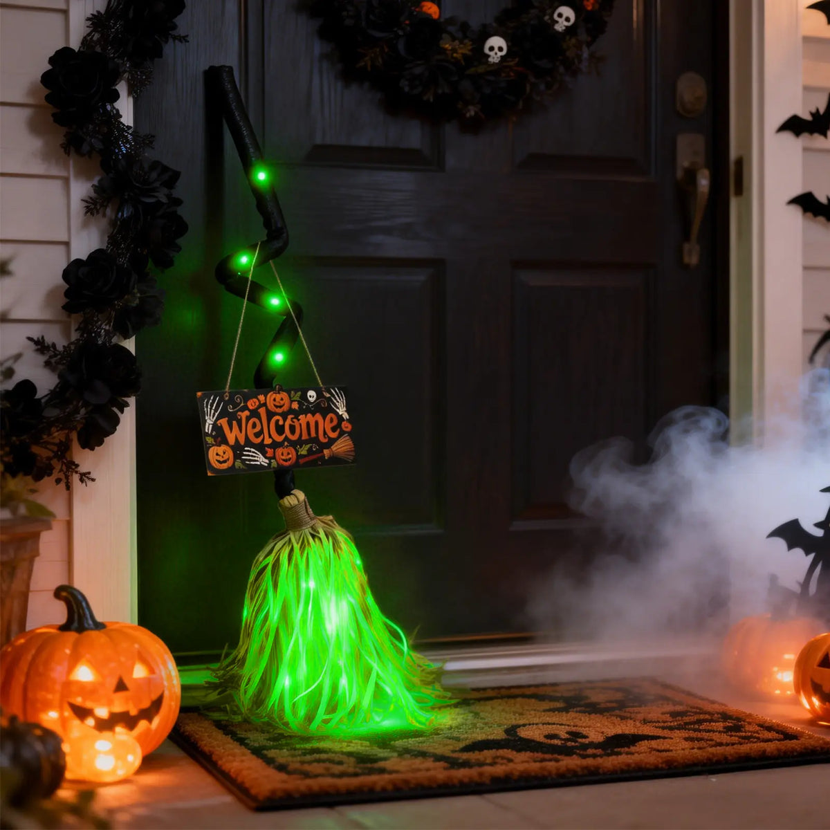 HYPEBAR Animated Floating Witch Broom Halloween Decor with Welcome Sign, Glowing Lights & Spooky Sounds, Touch & Sound Activated, Auto Obstacle Avoidance, Bendable Foldable, Stable Base Easy Setup for Front Door Indoor Holiday Displays, Halloween Aesthet