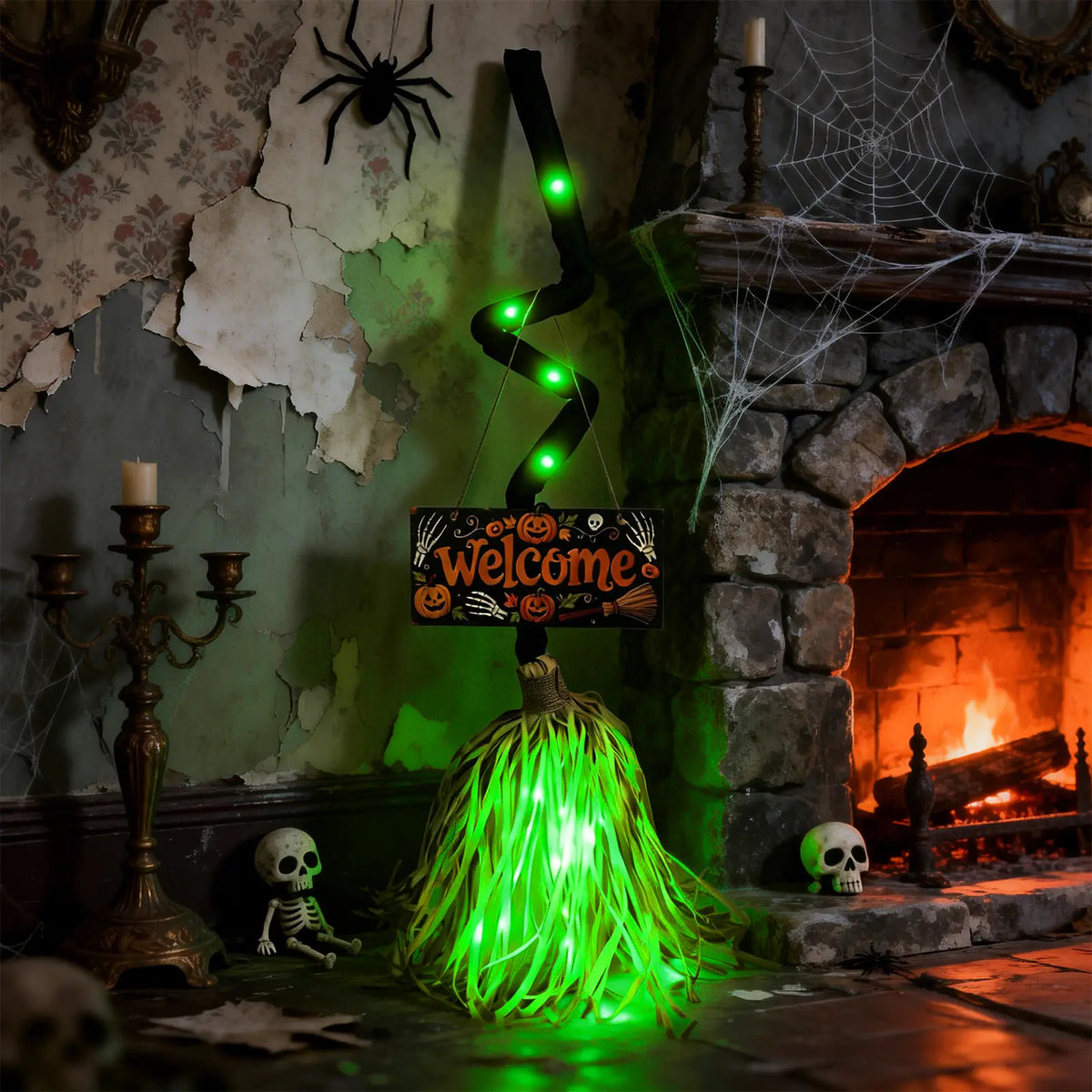 HYPEBAR Animated Floating Witch Broom Halloween Decor with Welcome Sign, Glowing Lights & Spooky Sounds, Touch & Sound Activated, Auto Obstacle Avoidance, Bendable Foldable, Stable Base Easy Setup for Front Door Indoor Holiday Displays, Halloween Aesthet