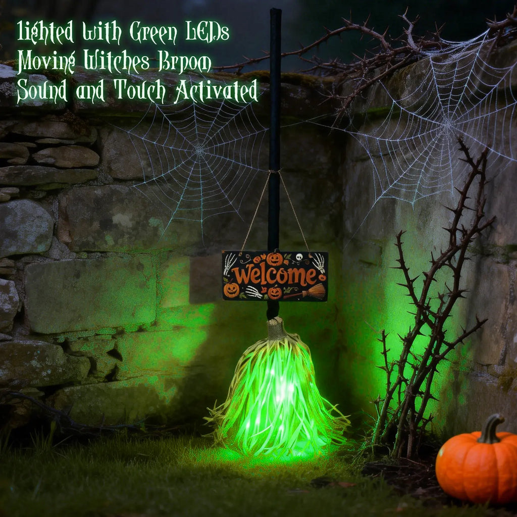 HYPEBAR Animated Floating Witch Broom Halloween Decor with Welcome Sign, Glowing Lights & Spooky Sounds, Touch & Sound Activated, Auto Obstacle Avoidance, Bendable Foldable, Stable Base Easy Setup for Front Door Indoor Holiday Displays, Halloween Aesthet