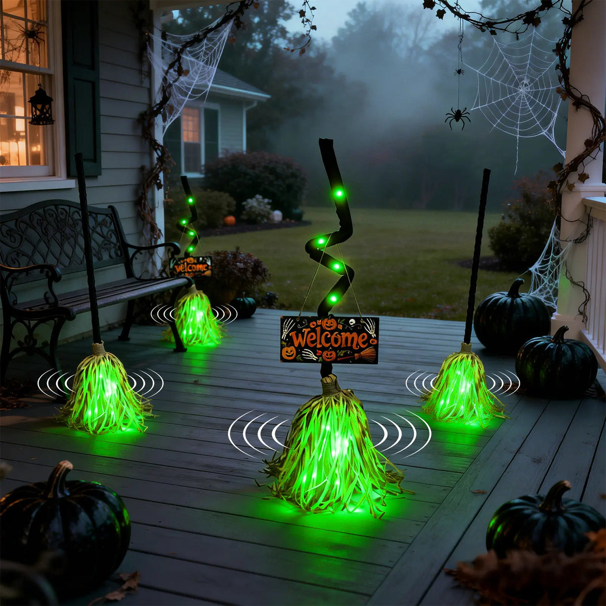 HYPEBAR Animated Floating Witch Broom Halloween Decor with Welcome Sign, Glowing Lights & Spooky Sounds, Touch & Sound Activated, Auto Obstacle Avoidance, Bendable Foldable, Stable Base Easy Setup for Front Door Indoor Holiday Displays, Halloween Aesthet