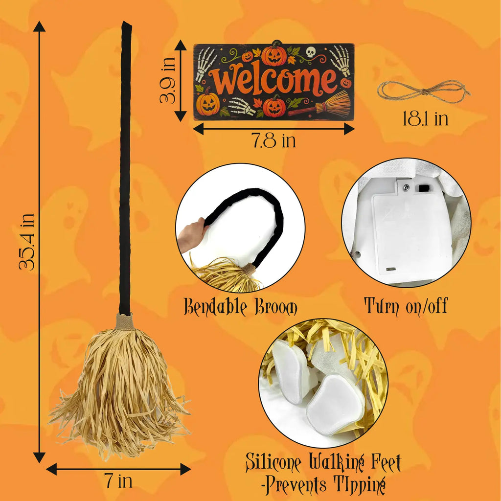 HYPEBAR Animated Floating Witch Broom Halloween Decor with Welcome Sign, Glowing Lights & Spooky Sounds, Touch & Sound Activated, Auto Obstacle Avoidance, Bendable Foldable, Stable Base Easy Setup for Front Door Indoor Holiday Displays, Halloween Aesthet