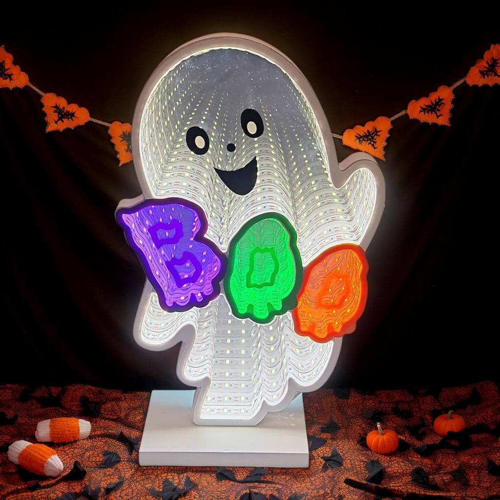Halloween Ghost Infinity Mirror Light, BOO 3D Tunnel LED Table Decor Lamp